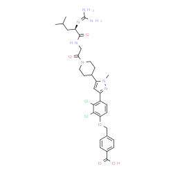 ChemSpider 2D Image | N-{2-[4-(3-{4-[(4-Carboxybenzyl)oxy]-2,3-dichlorophenyl}-1-methyl-1H-pyrazol-5-yl)-1-piperidinyl]-2-oxoethyl}-N~2~-(diaminomethylene)-D-leucinamide | C32H39Cl2N7O5