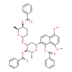ChemSpider 2D Image | (1R)-1,5-Anhydro-4-O-benzoyl-1-[1-(benzoyloxy)-5,8-dimethoxy-2-naphthyl]-3-O-[(2S,5S,6S)-5-(benzoyloxy)-6-methyltetrahydro-2H-pyran-2-yl]-2,6-dideoxy-D-arabino-hexitol | C45H44O11