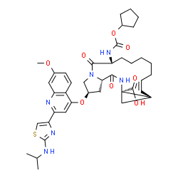 ChemSpider 2D Image | (2R,6R,12Z,13aR,14aR,16aS)-6-{[(Cyclopentyloxy)carbonyl]amino}-2-({2-[2-(isopropylamino)-1,3-thiazol-4-yl]-7-methoxy-4-quinolinyl}oxy)-5,16-dioxo-1,2,3,6,7,8,9,10,11,13a,14,15,16,16a-tetradecahydrocyc
lopropa[e]pyrrolo[1,2-a][1,4]diazacyclopentadecine-14a(5H)-carboxylic acid | C40H50N6O8S