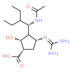 ChemSpider 2D Image | (1S,2R,4R)-3-[(1S)-1-Acetamido-2-ethylbutyl]-4-[(diaminomethylene)amino]-2-hydroxycyclopentanecarboxylic acid | C15H28N4O4