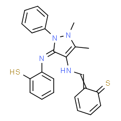 ChemSpider 2D Image | 6-[({(3E)-1,5-Dimethyl-2-phenyl-3-[(2-sulfanylphenyl)imino]-2,3-dihydro-1H-pyrazol-4-yl}amino)methylene]-2,4-cyclohexadiene-1-thione | C24H22N4S2