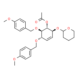 ChemSpider 2D Image | (1R,2S,5S,6R)-5,6-Bis[(4-methoxybenzyl)oxy]-2-(tetrahydro-2H-pyran-2-yloxy)-3-cyclohexen-1-yl acetate | C29H36O8