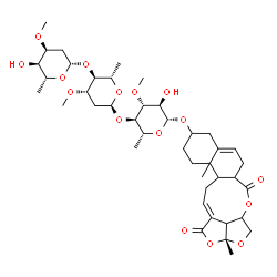 ChemSpider 2D Image | (2aR,14E)-2a,12a-Dimethyl-1,6-dioxo-2a,4,4a,6,6a,7,9,10,11,12,12a,12b,13,14b-tetradecahydro-1H-2,3,5-trioxapentaleno[1',6':5,6,7]cyclonona[1,2-a]naphthalen-10-yl 2,6-dideoxy-3-O-methyl-beta-D-ribo-hex
opyranosyl-(1->4)-2,6-dideoxy-3-O-methyl-alpha-L-arabino-hexopyranosyl-(1->4)-6-deoxy-3-O-methyl-beta-D-glucopyranoside | C42H62O16