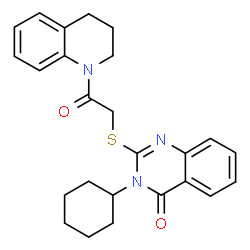 ChemSpider 2D Image | 3-Cyclohexyl-2-{[2-(3,4-dihydro-1(2H)-quinolinyl)-2-oxoethyl]sulfanyl}-4(3H)-quinazolinone | C25H27N3O2S