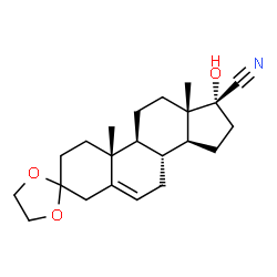 ChemSpider 2D Image | (8R,9S,10R,13S,14S,17R)-17-Hydroxy-10,13-dimethyl-1,2,4,7,8,9,10,11,12,13,14,15,16,17-tetradecahydrospiro[cyclopenta[a]phenanthrene-3,2'-[1,3]dioxolane]-17-carbonitrile | C22H31NO3