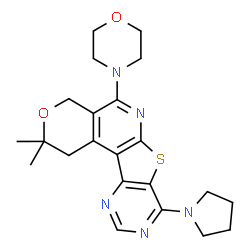 ChemSpider 2D Image | 2,2-Dimethyl-5-(4-morpholinyl)-8-(1-pyrrolidinyl)-1,4-dihydro-2H-pyrano[4'',3'':4',5']pyrido[3',2':4,5]thieno[3,2-d]pyrimidine | C22H27N5O2S