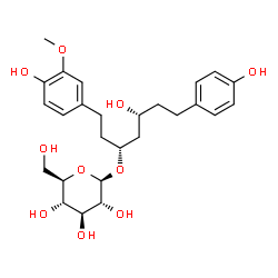ChemSpider 2D Image | (3R,5R)-5-Hydroxy-1-(4-hydroxy-3-methoxyphenyl)-7-(4-hydroxyphenyl)-3-heptanyl beta-D-glucopyranoside | C26H36O10