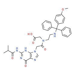 ChemSpider 2D Image | N-{[2-(Isobutyrylamino)-6-oxo-3,6-dihydro-9H-purin-9-yl]acetyl}-N-(2-{[(4-methoxyphenyl)(diphenyl)methyl]amino}ethyl)glycine | C35H37N7O6