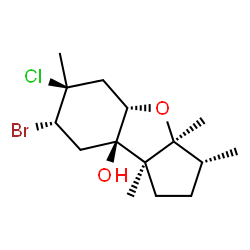 ChemSpider 2D Image | (3R,3aS,4aS,6S,7S,8aR,8bS)-7-Bromo-6-chloro-3,3a,6,8b-tetramethyloctahydro-1H-benzo[b]cyclopenta[d]furan-8a(4aH)-ol | C15H24BrClO2