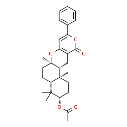 ChemSpider 2D Image | (3S,4aR,6aR,12aR,12bS)-4,4,6a,12b-Tetramethyl-11-oxo-9-phenyl-1,3,4,4a,5,6,6a,12,12a,12b-decahydro-2H,11H-benzo[f]pyrano[4,3-b]chromen-3-yl acetate | C28H34O5