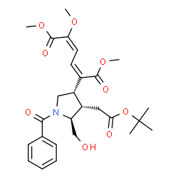 ChemSpider 2D Image | Dimethyl (2Z,4E)-2-[(3S,4S,5S)-1-benzoyl-5-(hydroxymethyl)-4-{2-[(2-methyl-2-propanyl)oxy]-2-oxoethyl}-3-pyrrolidinyl]-5-methoxy-2,4-hexadienedioate | C27H35NO9