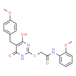 ChemSpider 2D Image | 2-{[4-Hydroxy-5-(4-methoxybenzyl)-6-oxo-1,6-dihydro-2-pyrimidinyl]sulfanyl}-N-(2-methoxyphenyl)acetamide | C21H21N3O5S