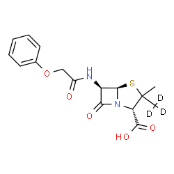 ChemSpider 2D Image | (2S,5R,6R)-3-Methyl-3-(~2~H_3_)methyl-7-oxo-6-[(phenoxyacetyl)amino]-4-thia-1-azabicyclo[3.2.0]heptane-2-carboxylic acid | C16H15D3N2O5S