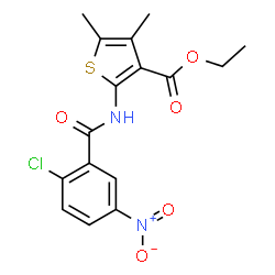 ChemSpider 2D Image | Ethyl 2-[(2-chloro-5-nitrobenzoyl)amino]-4,5-dimethyl-3-thiophenecarboxylate | C16H15ClN2O5S