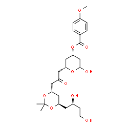 ChemSpider 2D Image | (2S,4S)-2-(3-{(4S,6R)-6-[(2S)-2,4-Dihydroxybutyl]-2,2-dimethyl-1,3-dioxan-4-yl}-2-oxopropyl)-6-hydroxytetrahydro-2H-pyran-4-yl 4-methoxybenzoate | C26H38O10