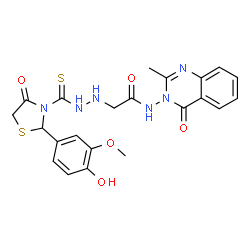ChemSpider 2D Image | 2-(2-{[2-(4-Hydroxy-3-methoxyphenyl)-4-oxo-1,3-thiazolidin-3-yl]carbonothioyl}hydrazino)-N-(2-methyl-4-oxo-3(4H)-quinazolinyl)acetamide | C22H22N6O5S2