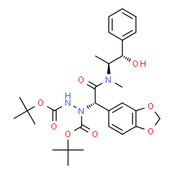 ChemSpider 2D Image | Bis(2-methyl-2-propanyl) 1-[(1S)-1-(1,3-benzodioxol-5-yl)-2-{[(1S,2S)-1-hydroxy-1-phenyl-2-propanyl](methyl)amino}-2-oxoethyl]-1,2-hydrazinedicarboxylate | C29H39N3O8
