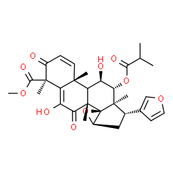 ChemSpider 2D Image | Methyl (4beta,9xi,11beta,12alpha,13alpha,14beta,15beta,17alpha)-17-(3-furyl)-6,11-dihydroxy-12-(isobutyryloxy)-4,8-dimethyl-3,7-dioxo-14,15-epoxyandrosta-1,5-diene-4-carboxylate | C31H36O10