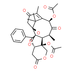 ChemSpider 2D Image | (1S,2S,4S,9S,10R,11S,13R)-9,13-Diacetoxy-11,15,18,18-tetramethyl-6,12,16-trioxo-3,7-dioxatetracyclo[12.3.1.0~2,10~.0~4,9~]octadec-14-en-1-yl benzoate | C31H34O11