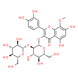 ChemSpider 2D Image | 2-(3,4-Dihydroxyphenyl)-5,7-dihydroxy-8-methoxy-4-oxo-4H-chromen-3-yl 2-O-beta-D-glucopyranosyl-beta-D-glucopyranoside | C28H32O18
