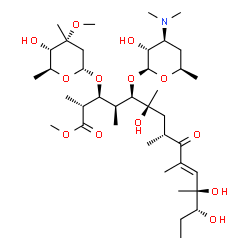 ChemSpider 2D Image | Methyl (2R,3S,4S,5R,6S,8R,10E,12S,13R)-3-[(2,6-dideoxy-3-C-methyl-3-O-methyl-alpha-L-ribo-hexopyranosyl)oxy]-6,12,13-trihydroxy-2,4,6,8,10,12-hexamethyl-9-oxo-5-{[3,4,6-trideoxy-3-(dimethylamino)-beta
-D-xylo-hexopyranosyl]oxy}-10-pentadecenoate | C38H69NO13