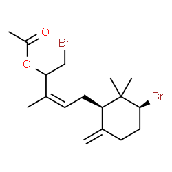 ChemSpider 2D Image | (3Z)-1-Bromo-5-[(1R,3S)-3-bromo-2,2-dimethyl-6-methylenecyclohexyl]-3-methyl-3-penten-2-yl acetate | C17H26Br2O2