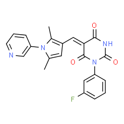 ChemSpider 2D Image | (5Z)-5-{[2,5-Dimethyl-1-(3-pyridinyl)-1H-pyrrol-3-yl]methylene}-1-(3-fluorophenyl)-2,4,6(1H,3H,5H)-pyrimidinetrione | C22H17FN4O3