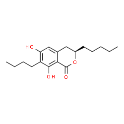 ChemSpider 2D Image | (3R)-7-Butyl-6,8-dihydroxy-3-pentyl-3,4-dihydro-1H-isochromen-1-one | C18H26O4