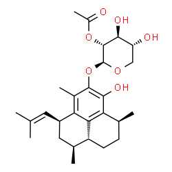ChemSpider 2D Image | (1S,3S,7S,9aR)-6-Hydroxy-1,4,7-trimethyl-3-(2-methyl-1-propen-1-yl)-2,3,7,8,9,9a-hexahydro-1H-phenalen-5-yl 2-O-acetyl-beta-D-xylopyranoside | C27H38O7