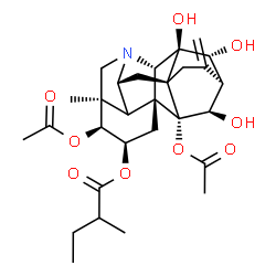 ChemSpider 2D Image | (2alpha,3alpha,5xi,6beta,8beta,11alpha,13R,14S)-3,9-Diacetoxy-11,13,14-trihydroxyhetisan-2-yl 2-methylbutanoate | C29H39NO9