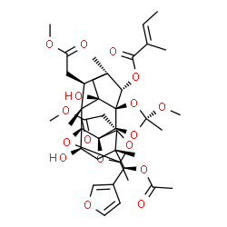 ChemSpider 2D Image | (1R,2R,3R,5R,6S,7S,9R,11R,12S,16S,17S,19R,21S)-17-[(S)-Acetoxy(3-furyl)methyl]-3,19-dihydroxy-9-methoxy-16,21-bis(2-methoxy-2-oxoethyl)-2,5,9,14,17-pentamethyl-8,10,13,15,20-pentaoxaheptacyclo[12.5.1.
1~2,5~.0~1,12~.0~3,7~.0~7,11~.0~12,16~]henicos-6-yl (2E)-2-methyl-2-butenoate | C40H52O17