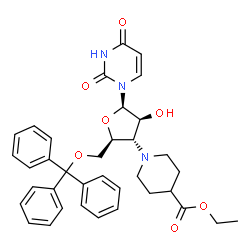 ChemSpider 2D Image | 1-{3-Deoxy-3-[4-(ethoxycarbonyl)-1-piperidinyl]-5-O-trityl-beta-D-arabinofuranosyl}-2,4(1H,3H)-pyrimidinedione | C36H39N3O7