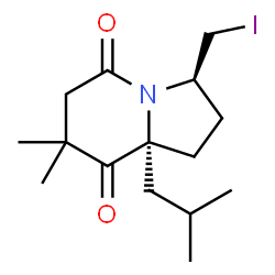 ChemSpider 2D Image | (3R,8aR)-3-(Iodomethyl)-8a-isobutyl-7,7-dimethylhexahydro-5,8-indolizinedione | C15H24INO2