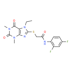 ChemSpider 2D Image | N-(2,4-Difluorophenyl)-2-[(7-ethyl-1,3-dimethyl-2,6-dioxo-2,3,6,7-tetrahydro-1H-purin-8-yl)sulfanyl]acetamide | C17H17F2N5O3S