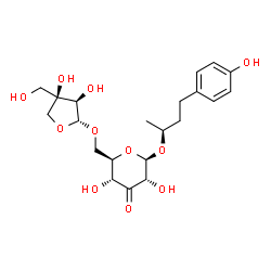 ChemSpider 2D Image | (2S)-4-(4-Hydroxyphenyl)-2-butanyl 6-O-[(2R,3R,4R)-3,4-dihydroxy-4-(hydroxymethyl)tetrahydro-2-furanyl]-beta-D-ribo-hexopyranosid-3-ulose | C21H30O11