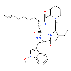 ChemSpider 2D Image | (3S,6S,9S,15aR)-9-[(2S)-2-Butanyl]-6-[(1-methoxy-1H-indol-3-yl)methyl]-3-[(6E)-6-octen-1-yl]octahydro-2H-pyrido[1,2-a][1,4,7,10]tetraazacyclododecine-1,4,7,10(3H,12H)-tetrone | C34H49N5O5