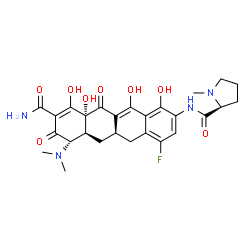 ChemSpider 2D Image | N-[(5aR,6aS,7S,10aR)-9-Carbamoyl-7-(dimethylamino)-4-fluoro-1,10,10a,12-tetrahydroxy-8,11-dioxo-5,5a,6,6a,7,8,10a,11-octahydro-2-tetracenyl]-1-methyl-L-prolinamide | C27H31FN4O8