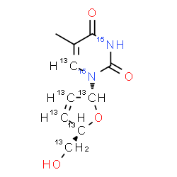 ChemSpider 2D Image | 1-[(2R,5S)-5-[Hydroxy(~13~C)methyl](~13~C_4_)-2,5-dihydro-2-furanyl]-5-methyl-2,4(1H,3H)-(6-~13~C,~15~N_2_)pyrimidinedione | C413C6H1215N2O4