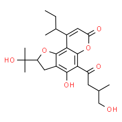 ChemSpider 2D Image | 9-sec-Butyl-4-hydroxy-5-(4-hydroxy-3-methylbutanoyl)-2-(2-hydroxy-2-propanyl)-2,3-dihydro-7H-furo[2,3-f]chromen-7-one | C23H30O7