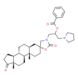 ChemSpider 2D Image | 1-[(3R,5S,8R,9S,10S,13S,14S)-10,13-Dimethyl-2',17-dioxohexadecahydro-3'H-spiro[cyclopenta[a]phenanthrene-3,5'-[1,3]oxazolidin]-3'-yl]-3-(1-pyrrolidinyl)-2-propanyl benzoate | C35H48N2O5