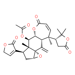 ChemSpider 2D Image | (1aR,3R,3aR,4R,4aR,9R,9aR,10aS)-9-[(3R)-2,2-Dimethyl-5-oxotetrahydro-3-furanyl]-3a,9-dimethyl-10-methylene-6-oxo-3-(2-oxo-2,5-dihydro-3-furanyl)-1a,2,3,3a,4,4a,6,9,9a,10-decahydrooxireno[1,7a]indeno[5
,6-b]oxepin-4-yl acetate | C28H32O9