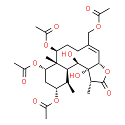 ChemSpider 2D Image | (1R,3aS,4E,8S,8aS,9S,11R,12R,12aS,13R,13aR)-5-(Acetoxymethyl)-13,13a-dihydroxy-1,8a,12-trimethyl-2-oxo-1,2,3a,6,7,8,8a,9,10,11,12,12a,13,13a-tetradecahydrobenzo[4,5]cyclodeca[1,2-b]furan-8,9,11-triyl 
triacetate | C28H40O12