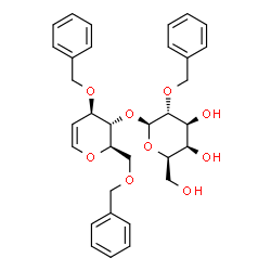 ChemSpider 2D Image | 1,5-Anhydro-3,6-di-O-benzyl-4-O-(2-O-benzyl-beta-D-galactopyranosyl)-2-deoxy-D-arabino-hex-1-enitol | C33H38O9