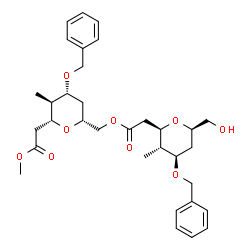ChemSpider 2D Image | Methyl [(2R,3S,4R,6R)-4-(benzyloxy)-6-({2-[(2R,3S,4R,6R)-4-(benzyloxy)-6-(hydroxymethyl)-3-methyltetrahydro-2H-pyran-2-yl]acetoxy}methyl)-3-methyltetrahydro-2H-pyran-2-yl]acetate | C33H44O9