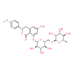 ChemSpider 2D Image | (3S)-6-Hydroxy-3-(4-methoxyphenyl)-1-oxo-3,4-dihydro-1H-isochromen-8-yl 6-O-(6-deoxy-alpha-L-mannopyranosyl)-beta-D-glucopyranoside | C28H34O14