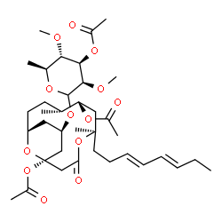 ChemSpider 2D Image | (1R,5R,7S,8R,11S,13R)-13-[(3-O-Acetyl-6-deoxy-2,4-di-O-methyl-L-mannopyranosyl)oxy]-5,8-dimethyl-5-[(3E,5E)-3,5-octadien-1-yl]-3-oxo-4,15-dioxabicyclo[9.3.1]pentadecane-1,7-diyl diacetate | C37H58O13