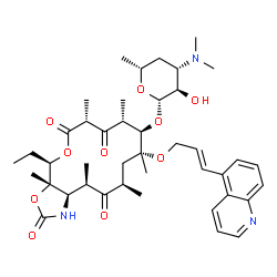 ChemSpider 2D Image | (3aS,4R,7R,9R,10R,11R,13R,15R,15aR)-4-ethyl-3a,7,9,11,13,15-hexamethyl-2,6,8,14-tetraoxo-11-{[(2E)-3-(quinolin-5-yl)prop-2-en-1-yl]oxy}tetradecahydro-2H-oxacyclotetradecino[4,3-d][1,3]oxazol-10-yl 3,4,6-trideoxy-3-(dimethylamino)-beta-D-xylo-hexopyranoside | C42H59N3O10