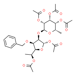 ChemSpider 2D Image | 1,5-Di-O-acetyl-3-O-benzyl-6-deoxy-2-O-(2,3,4-tri-O-acetyl-6-deoxy-alpha-L-talopyranosyl)-alpha-L-mannofuranose | C29H38O14
