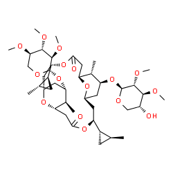 ChemSpider 2D Image | (1S,3S,7S,8S,9S,11S,13S,17S,18S,19S)-19-[(2,3-Di-O-methyl-beta-D-xylopyranosyl)oxy]-8,18-dimethyl-3,13-bis[(1S,2S)-2-methylcyclopropyl]-5,15-dioxo-4,14,21,22-tetraoxatricyclo[15.3.1.1~7,11~]docos-9-yl
 2,3,4-tri-O-methyl-beta-D-xylopyranoside | C43H70O16