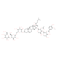 ChemSpider 2D Image | (3beta,16beta)-16-({2-O-Acetyl-3-O-[2-O-(4-hydroxy-3-methoxybenzoyl)-beta-D-xylopyranosyl]-alpha-L-arabinopyranosyl}oxy)-17-hydroxy-22-oxocholest-5-en-3-yl beta-D-glucopyranosyl-(1->4)-beta-D-glucopyr
anosyl-(1->6)-beta-D-glucopyranoside | C65H98O31